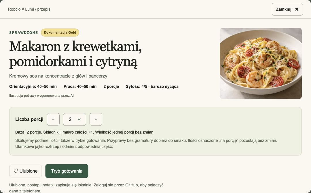 Jedzomko showing an illustrated shrimp pasta recipe